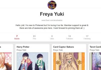 Pinterest profile and boards list page of Freya Yuki, visual bookmarking platform